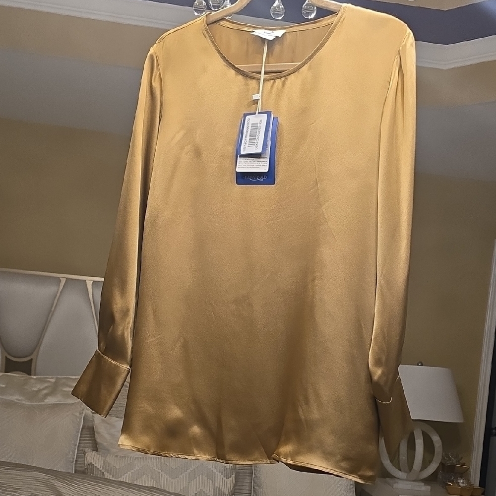 MaxMara-Marina Rinaldi Bellezza Gold Silk Blouse Oversized Size 10
